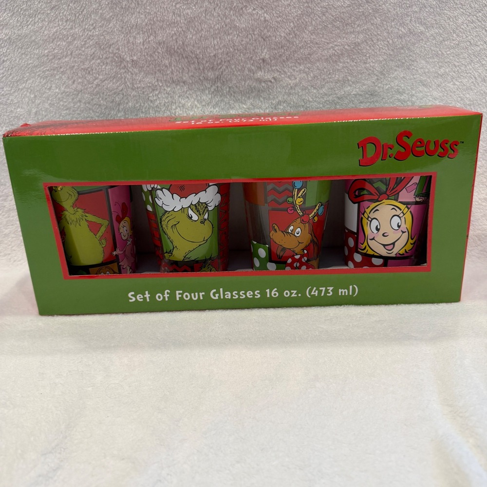 Dr Seuss How The Grinch Stole Christmas 16oz Glass Set 4 Pack Drinkware NIB‎